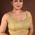 Golden Sleeveless Blouse in Tissue Silk with Queen Anne Neckline - Anvi Couture