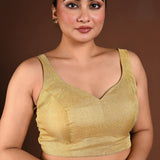 Golden Sleeveless Blouse in Tissue Silk with Queen Anne Neckline - Anvi Couture