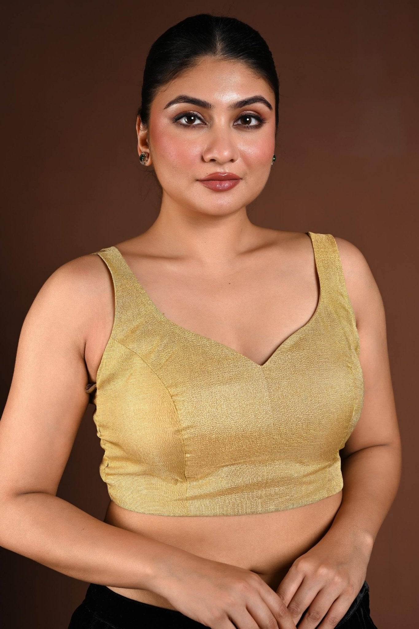 Golden Sleeveless Blouse in Tissue Silk with Queen Anne Neckline - Anvi Couture