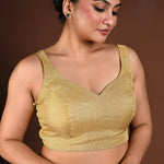 Golden Sleeveless Blouse in Tissue Silk with Queen Anne Neckline - Anvi Couture