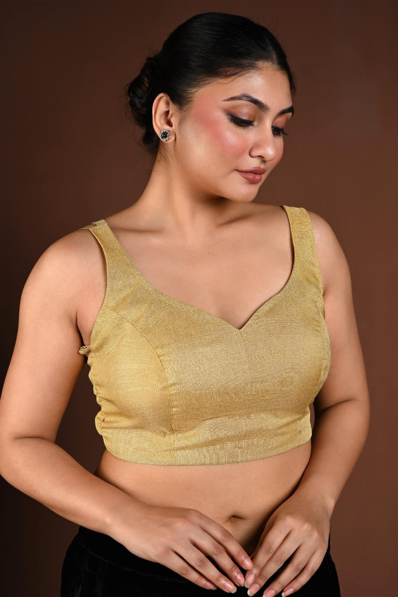 Golden Sleeveless Blouse in Tissue Silk with Queen Anne Neckline - Anvi Couture