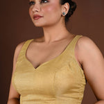 Golden Sleeveless Blouse in Tissue Silk with Queen Anne Neckline - Anvi Couture