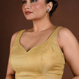 Golden Sleeveless Blouse in Tissue Silk with Queen Anne Neckline - Anvi Couture