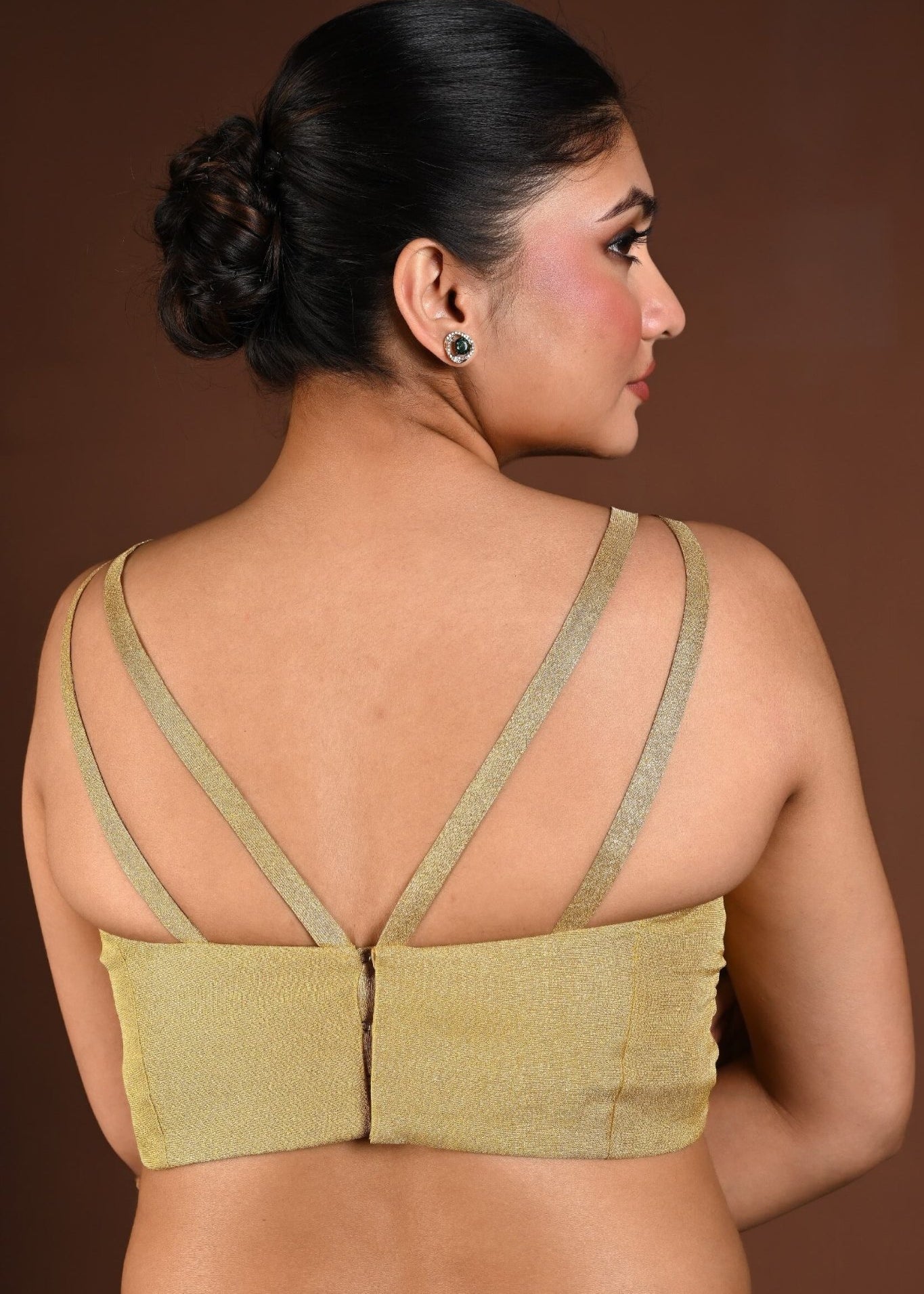 Golden Sleeveless Blouse in Tissue Silk with Queen Anne Neckline - Anvi Couture
