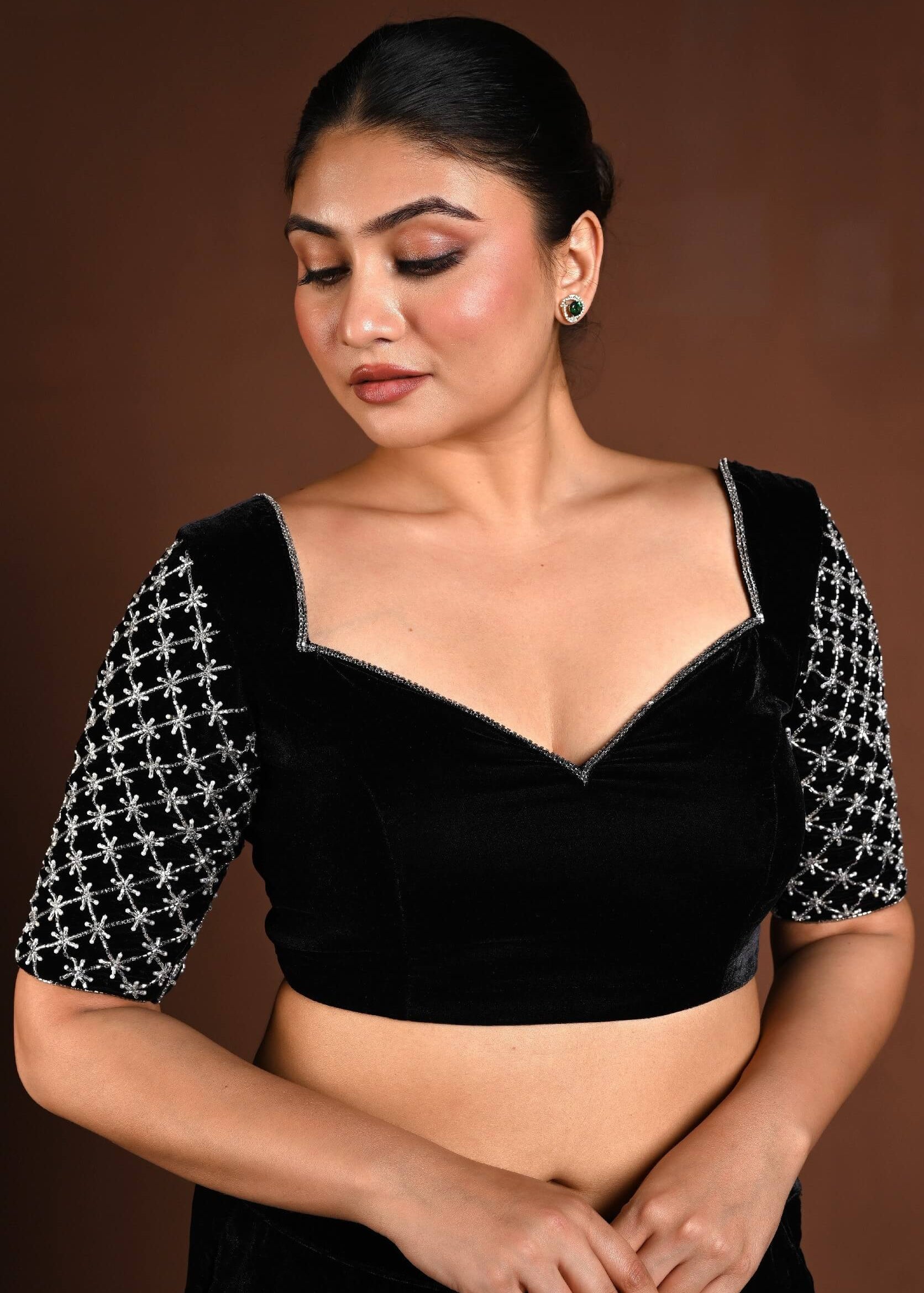 Black Velvet Hand Embroidered Blouse with Queen Anne Neckline - Anvi Couture