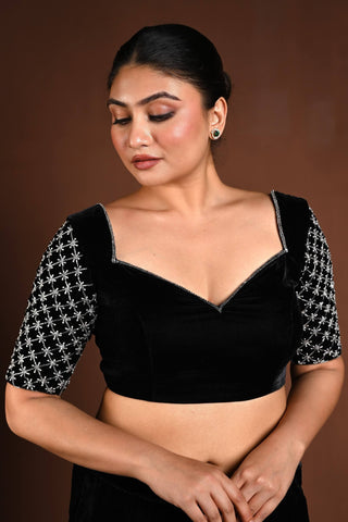 Black Velvet Hand Embroidered Blouse with Queen Anne Neckline