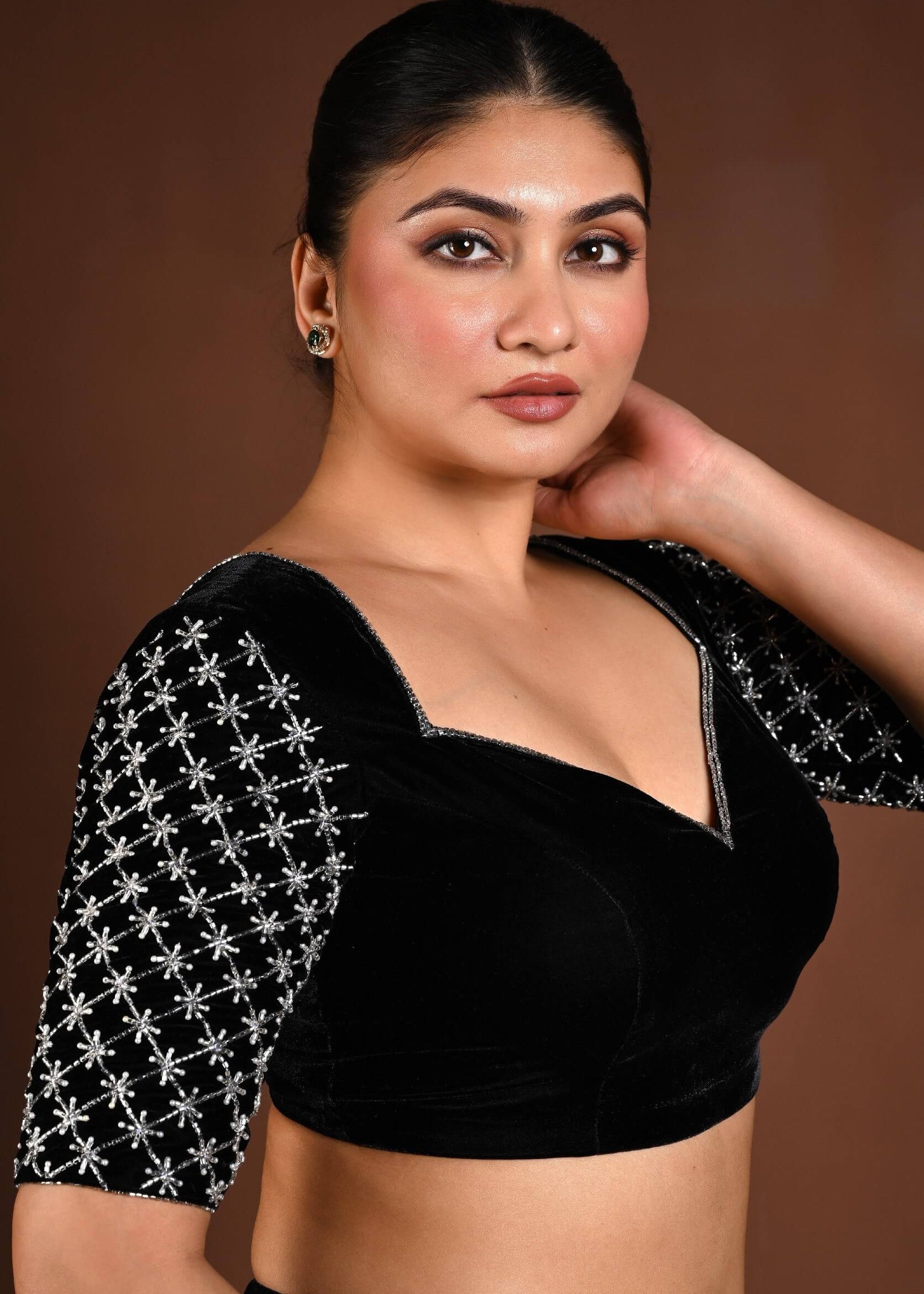 Black Velvet Hand Embroidered Blouse with Queen Anne Neckline - Anvi Couture