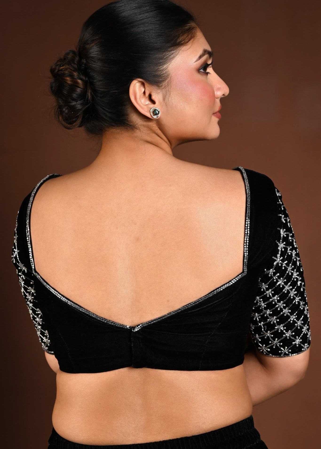 Black Velvet Hand Embroidered Blouse with Queen Anne Neckline - Anvi Couture