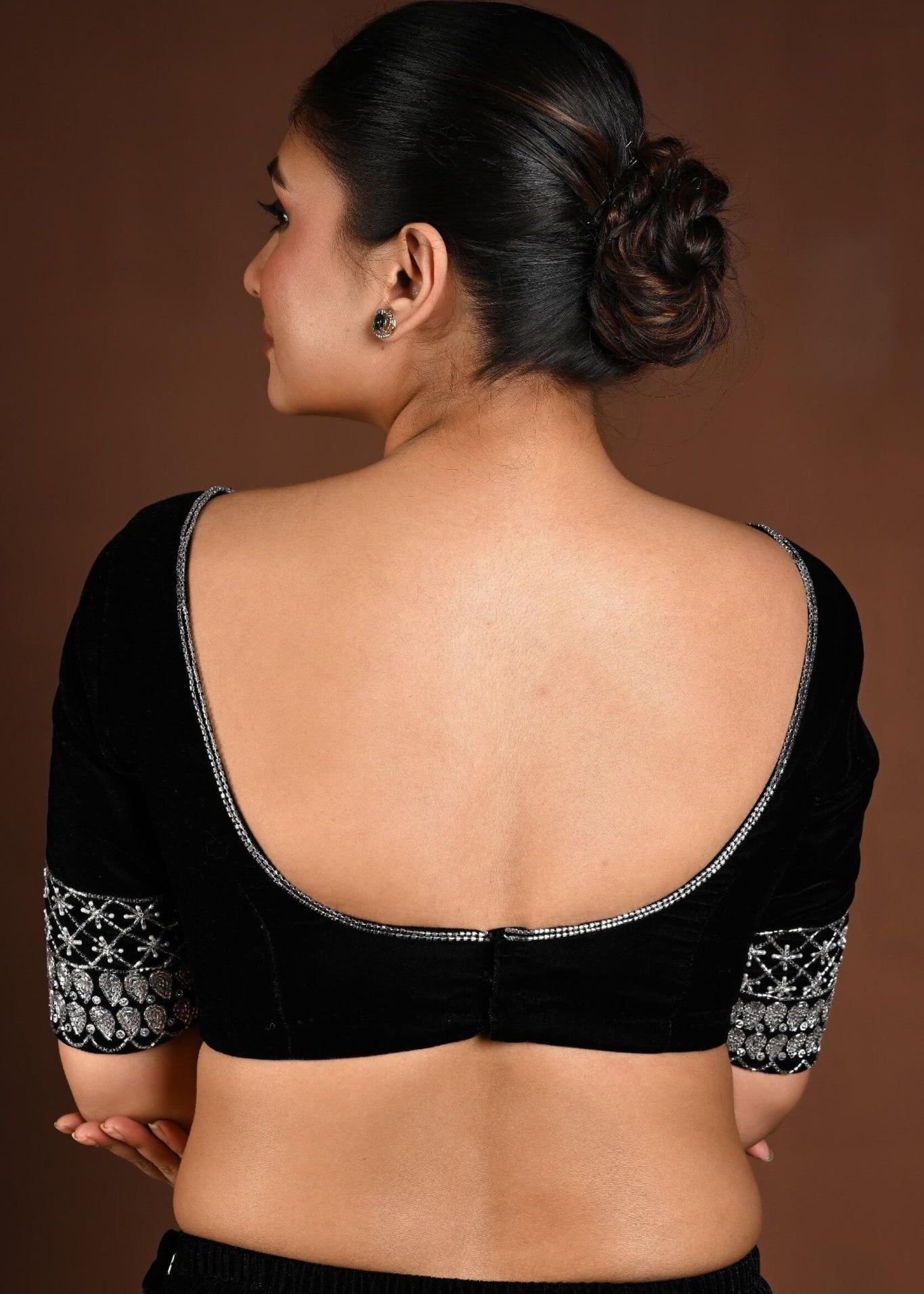 Black Velvet Hand Embroidered Blouse with U Neckline - Anvi Couture