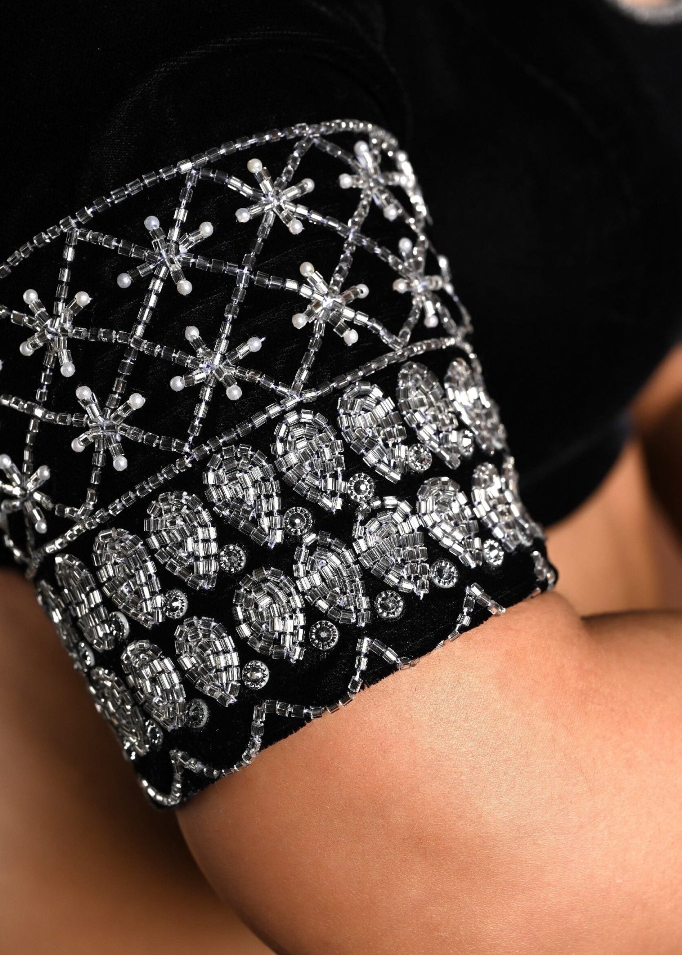 Black Velvet Hand Embroidered Blouse with U Neckline - Anvi Couture