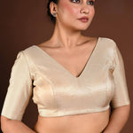 Golden Half Sleeve Silk Blouse with V - Neckline and Back Closure - Anvi Couture