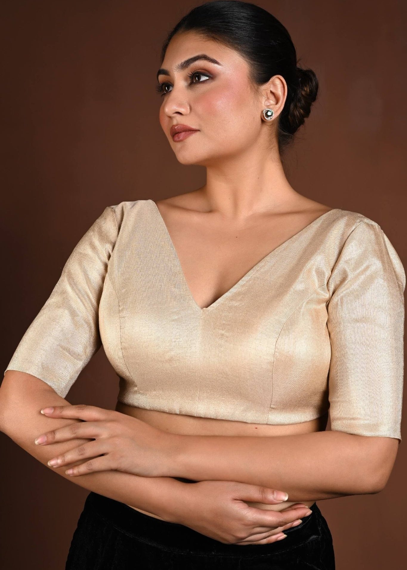 Golden Half Sleeve Silk Blouse with V - Neckline and Back Closure - Anvi Couture