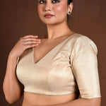 Golden Half Sleeve Silk Blouse with V - Neckline and Back Closure - Anvi Couture
