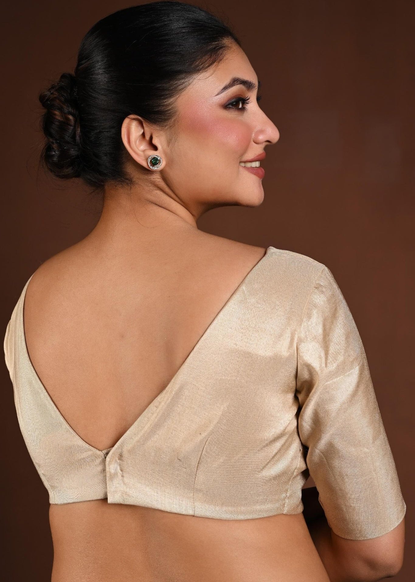 Golden Half Sleeve Silk Blouse with V - Neckline and Back Closure - Anvi Couture