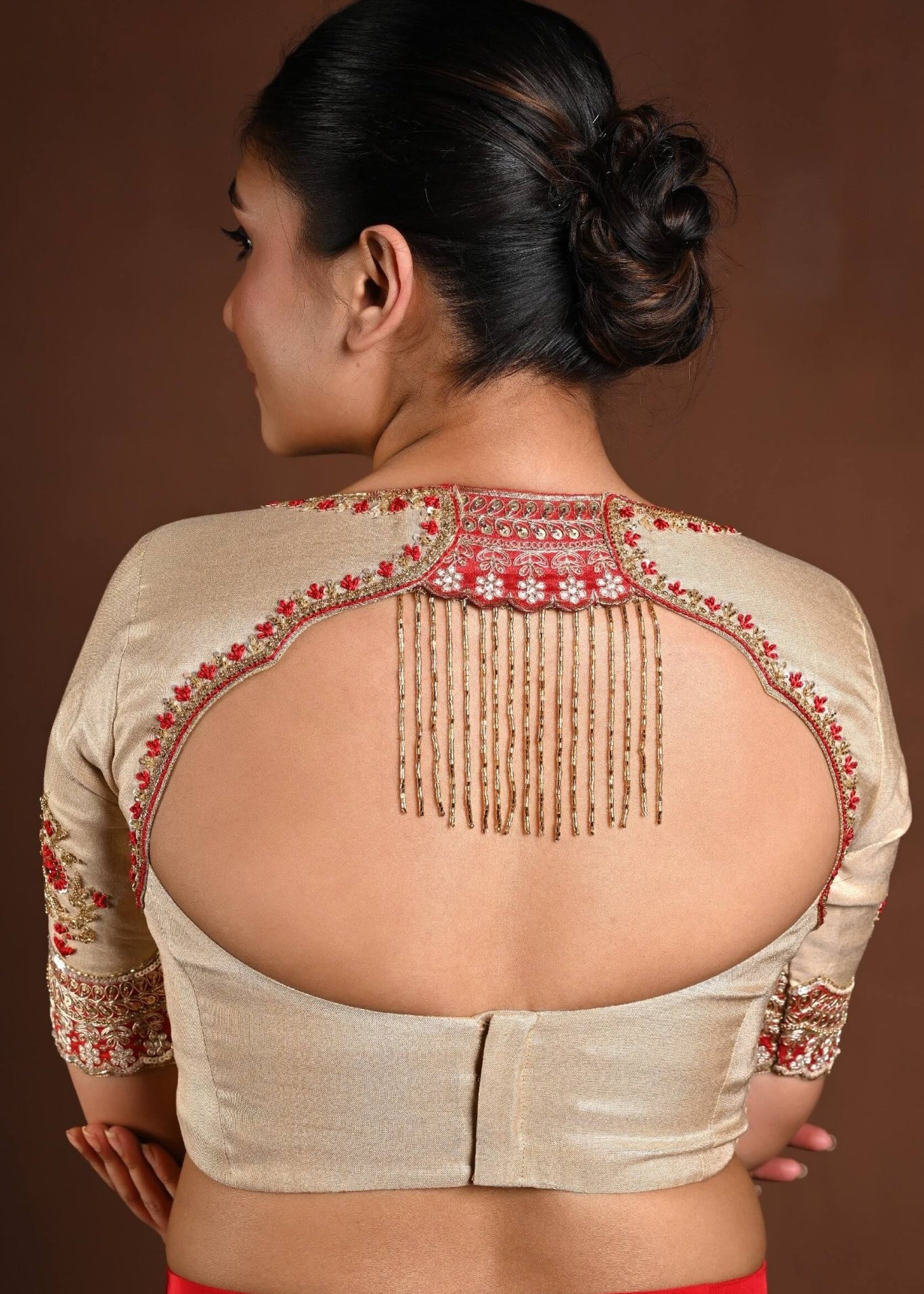 Golden Half Sleeve Blouse in Tissue with Embroidery Work and Back Cutout - Anvi Couture