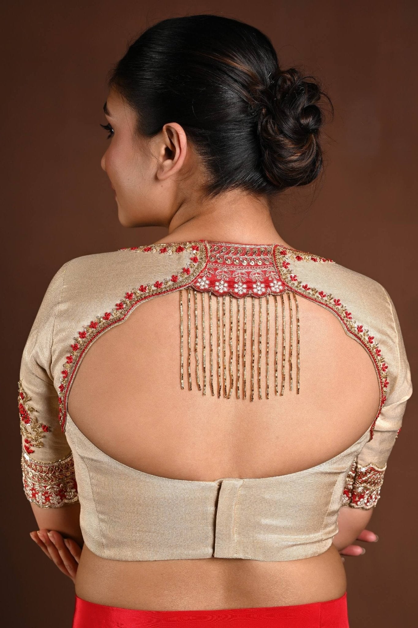 Golden Half Sleeve Blouse in Tissue with Embroidery Work and Back Cutout - Anvi Couture
