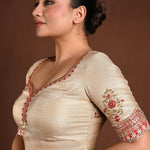 Golden Half Sleeve Blouse in Tissue with Embroidery Work and Back Cutout - Anvi Couture