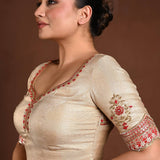 Golden Half Sleeve Blouse in Tissue with Embroidery Work and Back Cutout - Anvi Couture