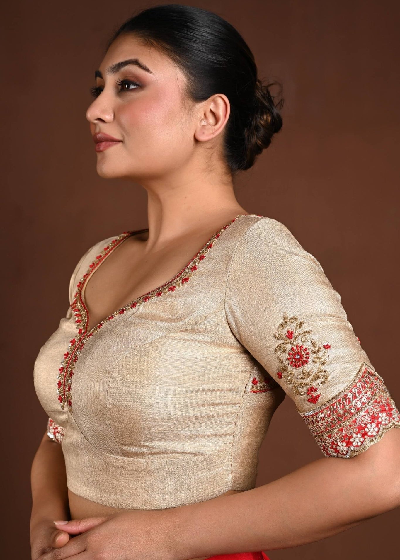 Golden Half Sleeve Blouse in Tissue with Embroidery Work and Back Cutout - Anvi Couture