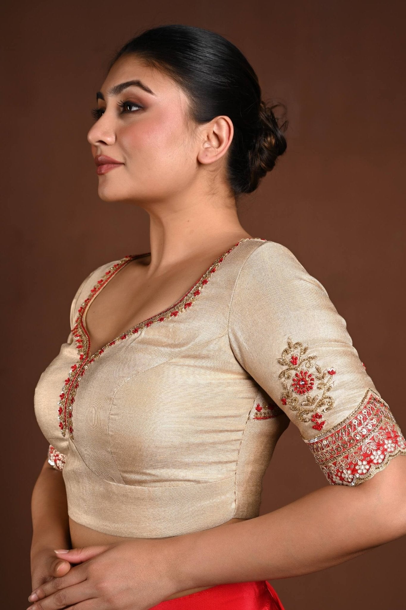 Golden Half Sleeve Blouse in Tissue with Embroidery Work and Back Cutout - Anvi Couture