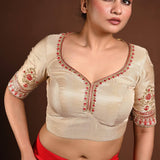 Golden Half Sleeve Blouse in Tissue with Embroidery Work and Back Cutout - Anvi Couture