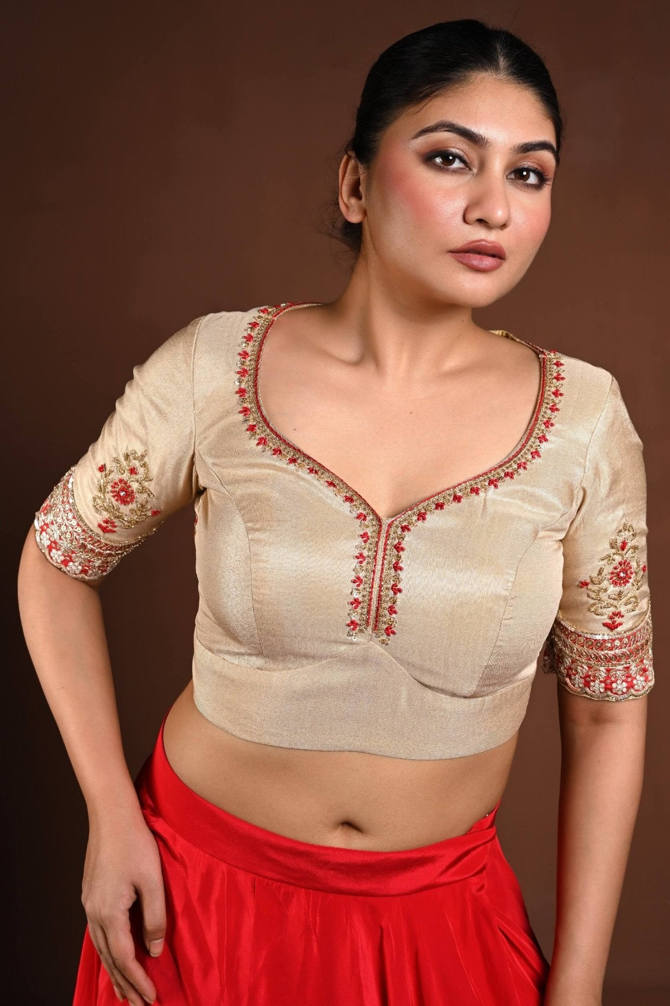 Golden Half Sleeve Blouse in Tissue with Embroidery Work and Back Cutout - Anvi Couture