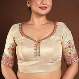 Golden Half Sleeve Blouse in Tissue with Embroidery Work and Back Cutout - Anvi Couture