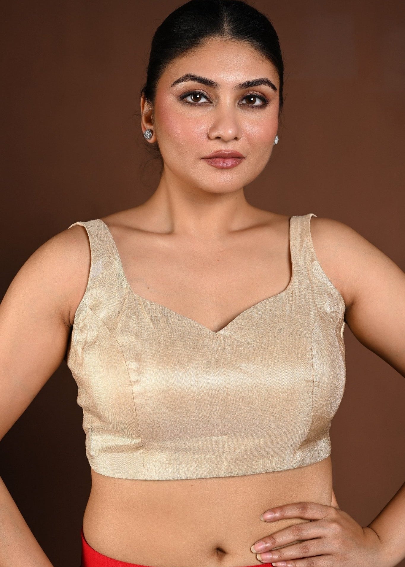 Golden Sleeveless Blouse in Tissue Silk with Back Closure - Anvi Couture