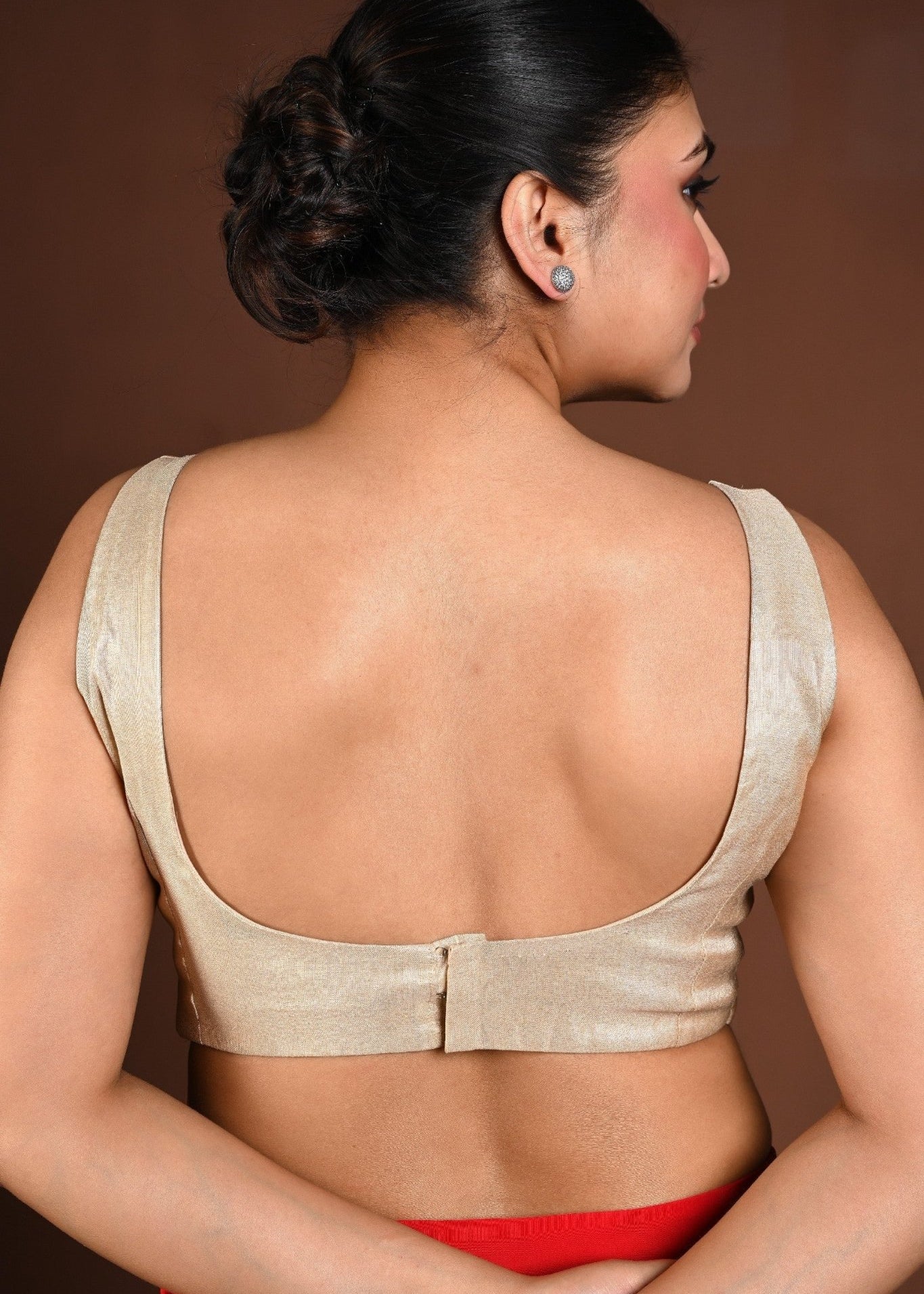 Golden Sleeveless Blouse in Tissue Silk with Back Closure - Anvi Couture