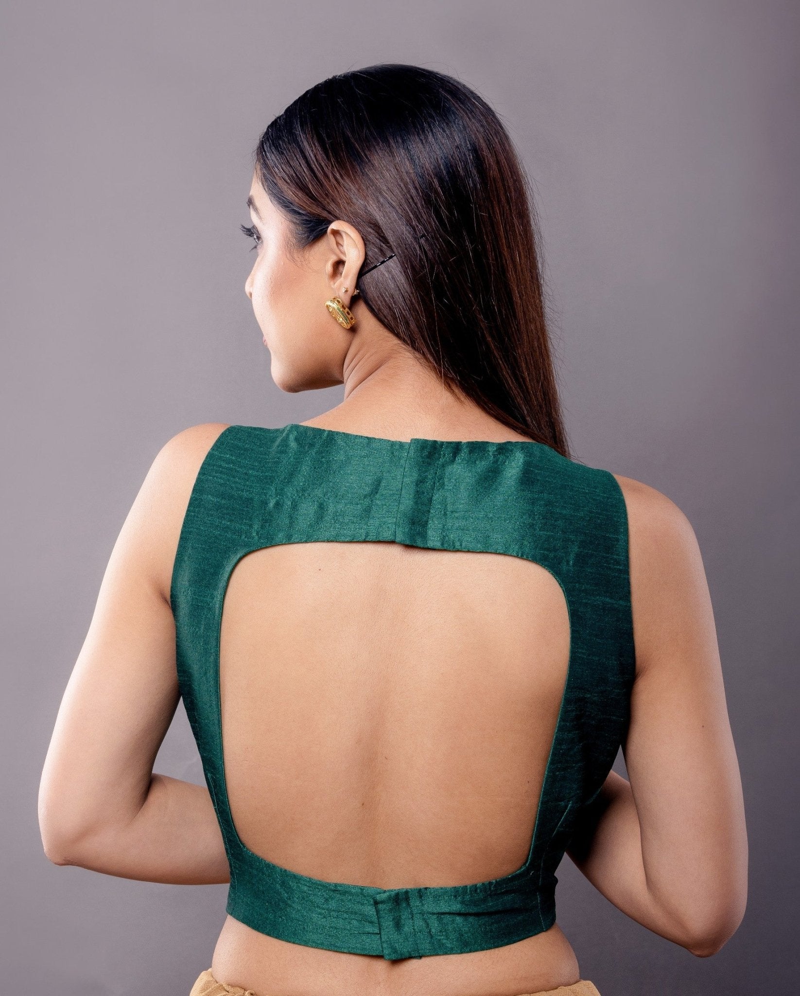 Green V Neck Sleeveless Blouse in Raw Silk with Back Closure - Anvi Couture