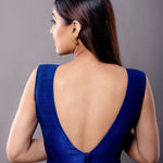 Blue Sleeveless V Neckline Blouse in Raw Silk - Anvi Couture