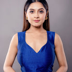 Blue Sleeveless V Neckline Blouse in Raw Silk - Anvi Couture
