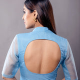 Blue Half Sleeve Blouse in Organza with Mandarin Collar and Front Closure - Anvi Couture