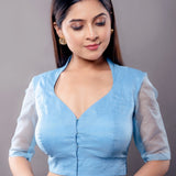 Blue Half Sleeve Blouse in Organza with Mandarin Collar and Front Closure - Anvi Couture