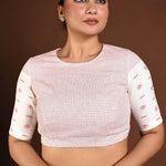 Red and White Cotton Jamdani Blouse with Half Sleeves and High Neck - Anvi Couture