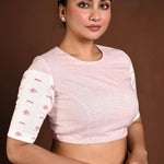 Red and White Cotton Jamdani Blouse with Half Sleeves and High Neck - Anvi Couture