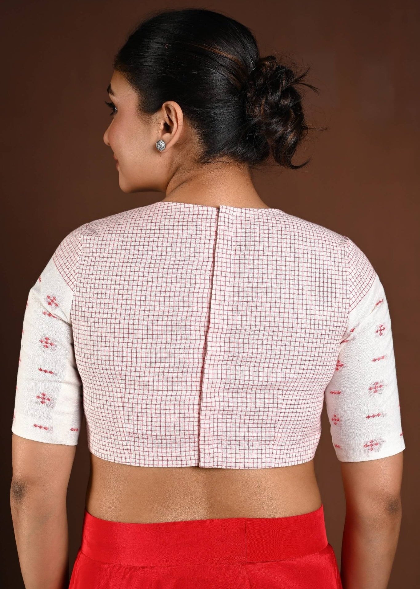 Red and White Cotton Jamdani Blouse with Half Sleeves and High Neck - Anvi Couture