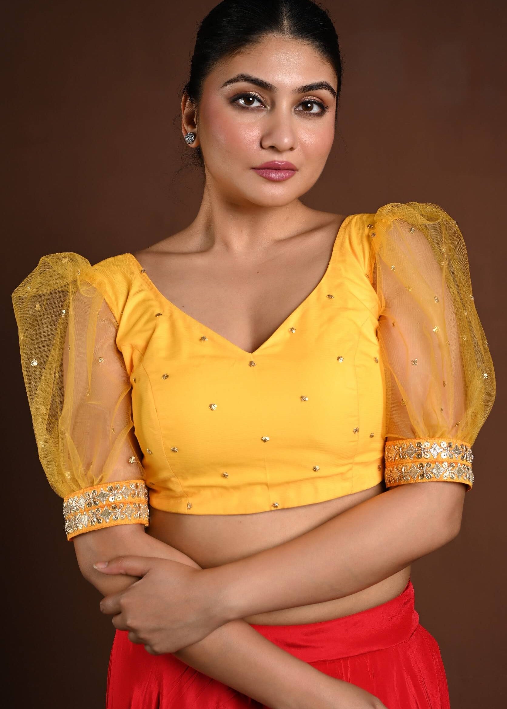 Yellow Puff Sleeve Blouse with Embroidery Work - Anvi Couture