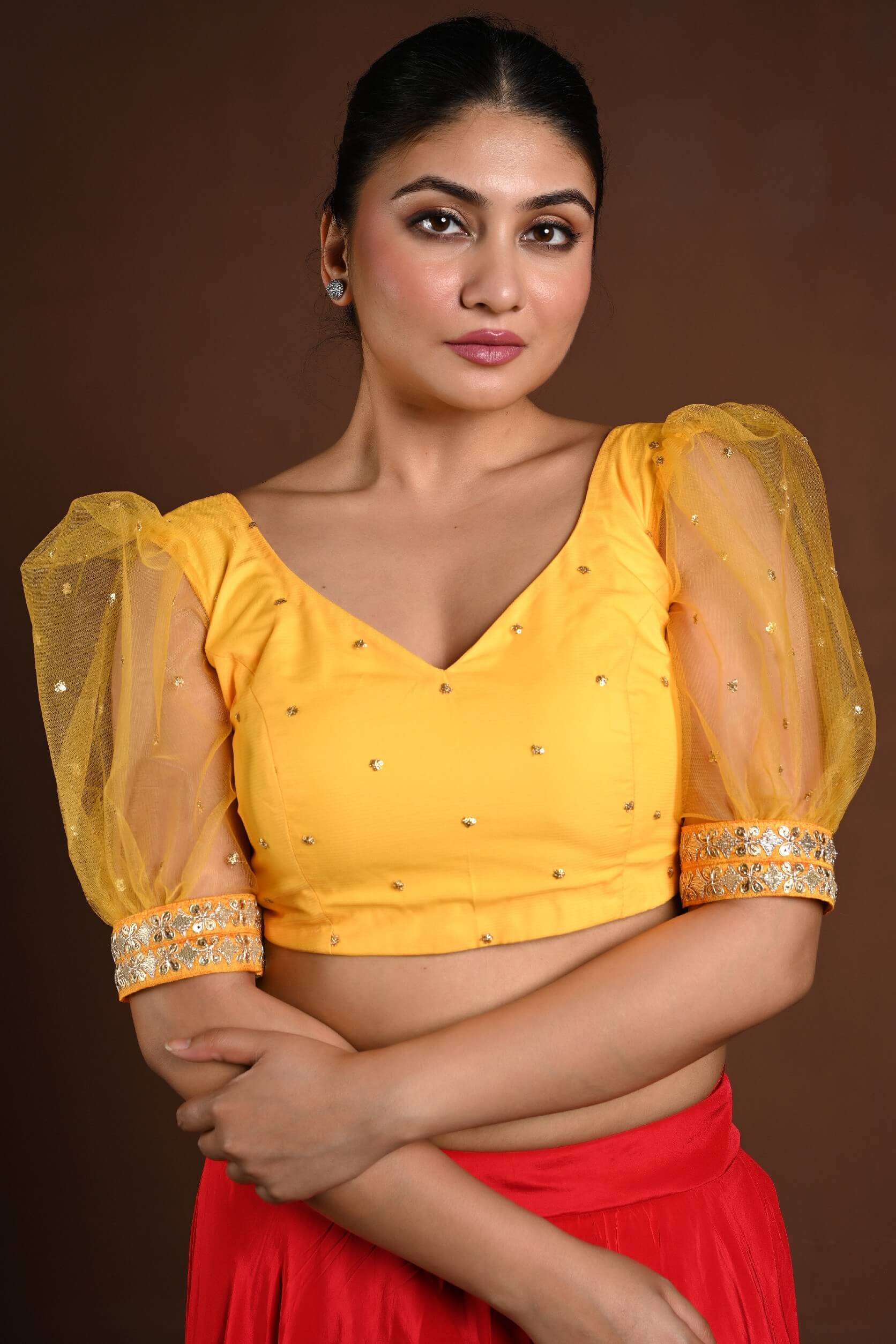 Yellow Puff Sleeve Blouse with Embroidery Work - Anvi Couture