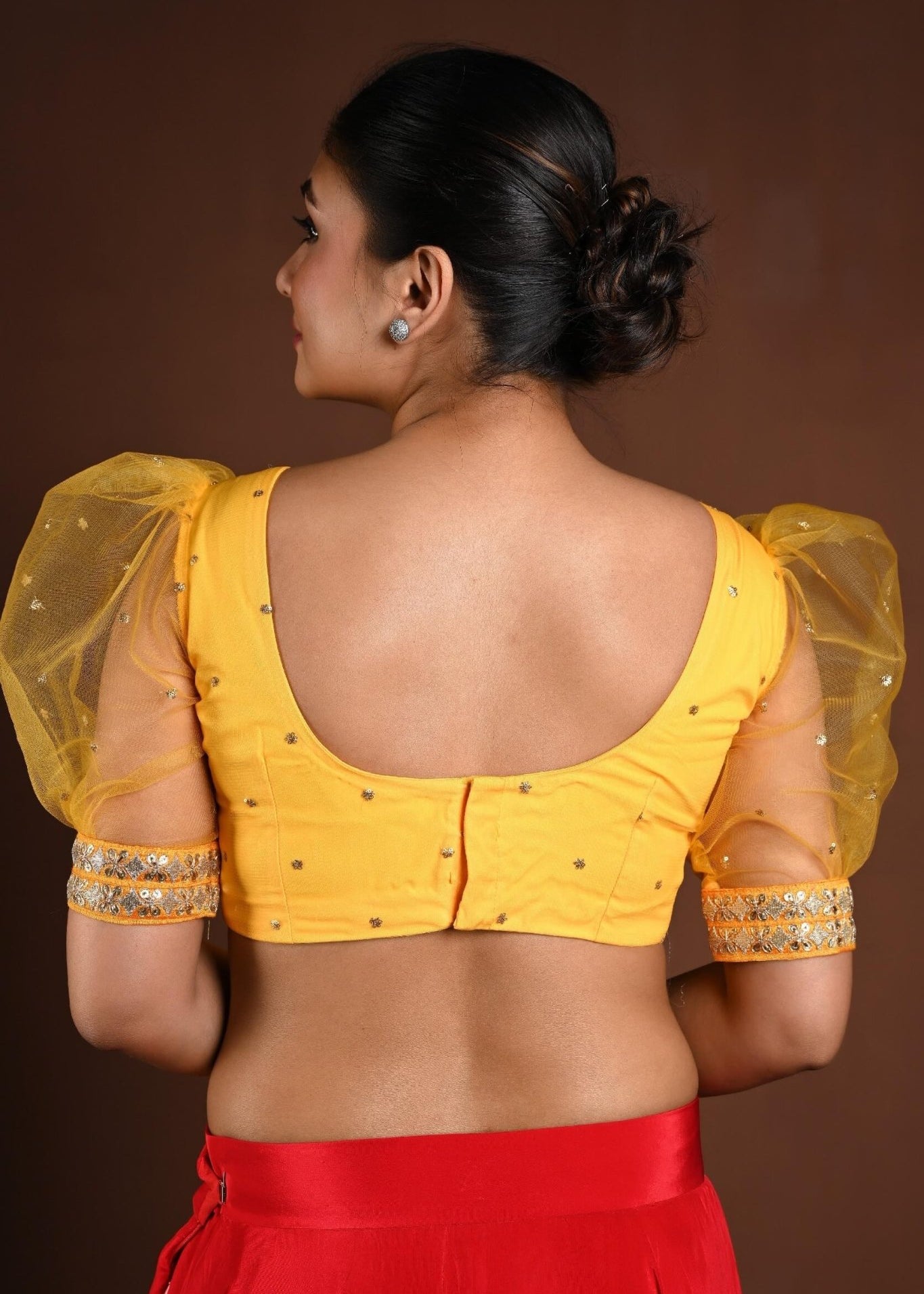 Yellow Puff Sleeve Blouse with Embroidery Work - Anvi Couture