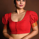 Red Cotton Blouse with Puff Sleeves and Front Closure - Anvi Couture