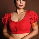 Red Cotton Blouse with Puff Sleeves and Front Closure - Anvi Couture