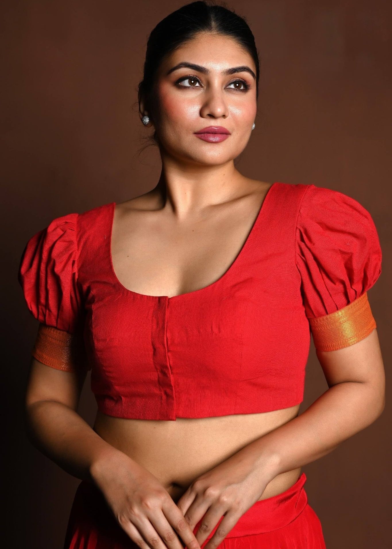 Red Cotton Blouse with Puff Sleeves and Front Closure - Anvi Couture
