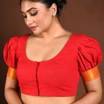 Red Cotton Blouse with Puff Sleeves and Front Closure - Anvi Couture