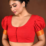 Red Cotton Blouse with Puff Sleeves and Front Closure - Anvi Couture