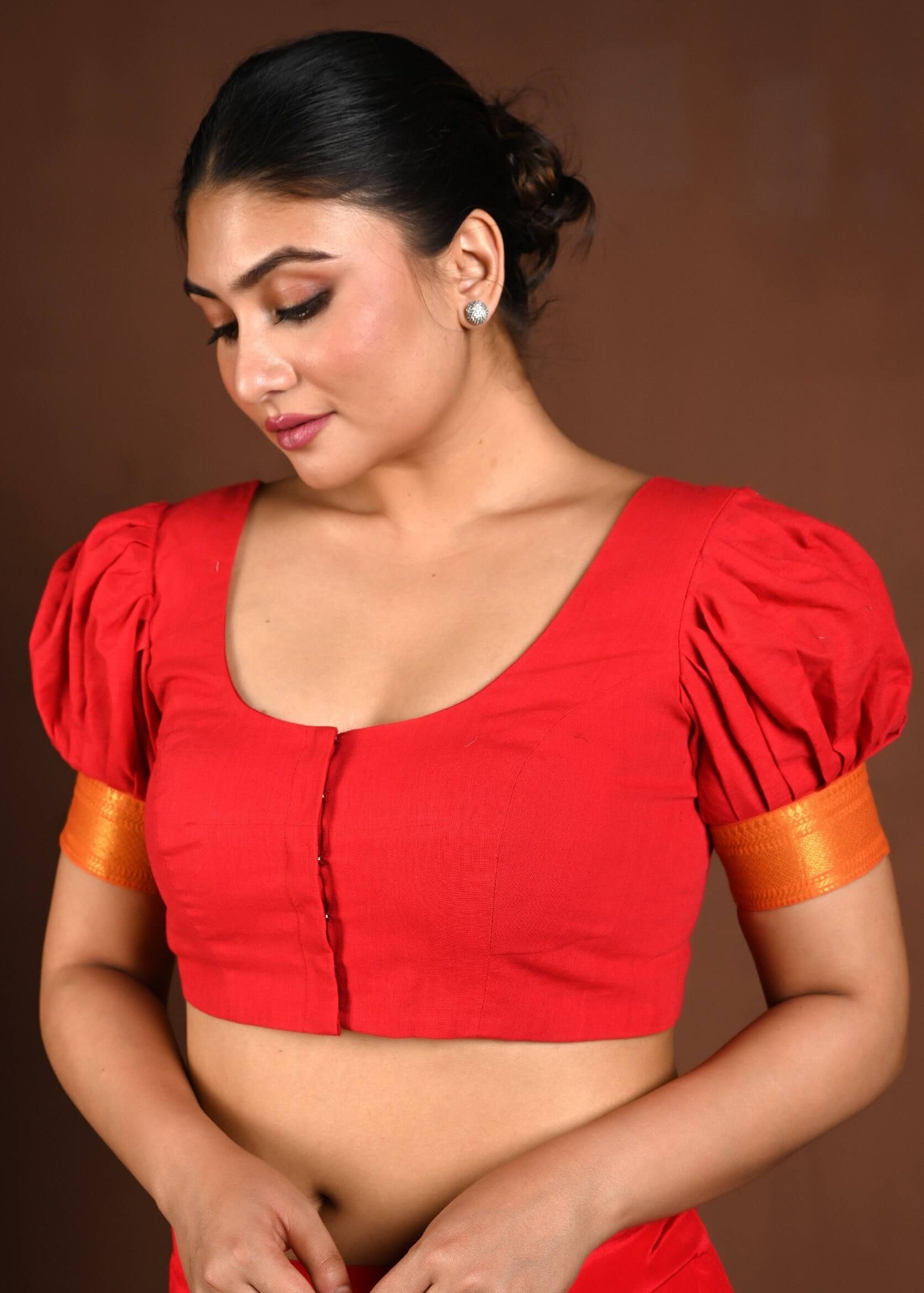 Red Cotton Blouse with Puff Sleeves and Front Closure - Anvi Couture