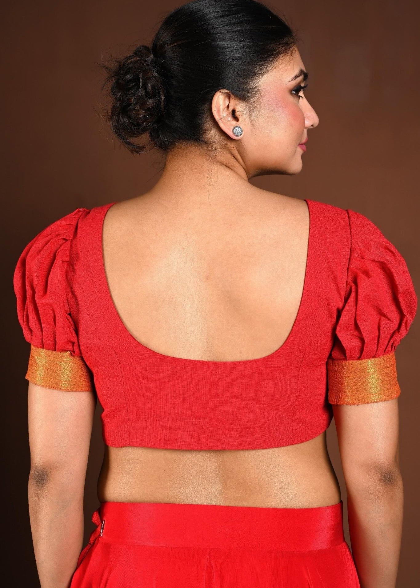 Red Cotton Blouse with Puff Sleeves and Front Closure - Anvi Couture