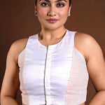 Red and White Cotton Sleeveless Blouse with Closed Neckline - Anvi Couture