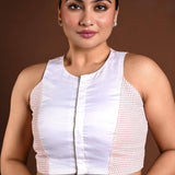 Red and White Cotton Sleeveless Blouse with Closed Neckline - Anvi Couture