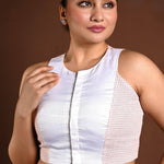Red and White Cotton Sleeveless Blouse with Closed Neckline - Anvi Couture